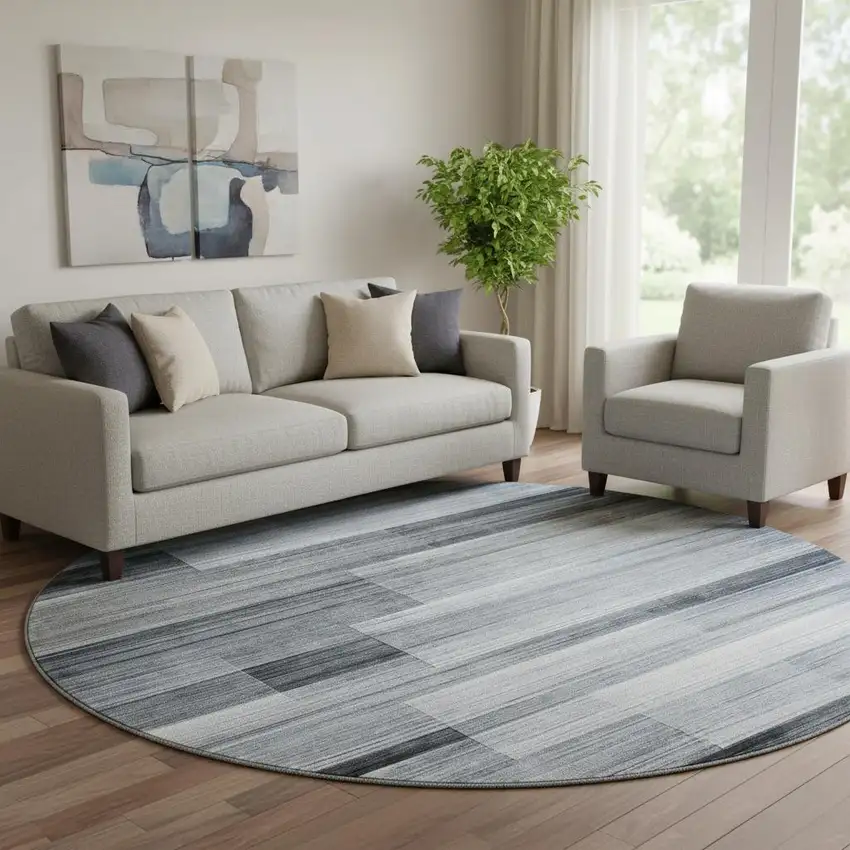 8' Denim Blue And Ivory Striped Washable Round Rug With UV Protection Photo 2