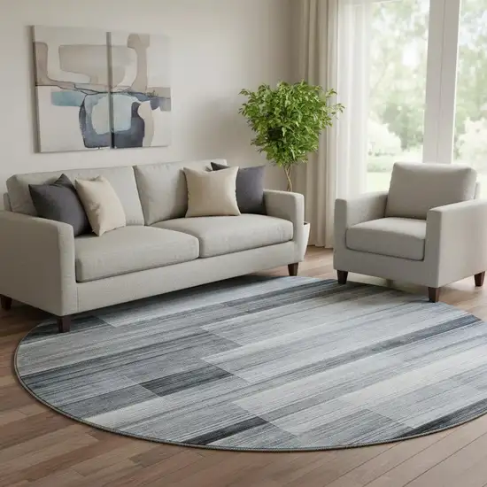 8' Denim Blue And Ivory Striped Washable Round Rug With UV Protection Photo 2