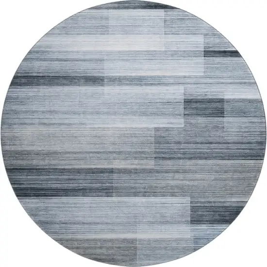 8' Denim Blue And Ivory Striped Washable Round Rug With UV Protection Photo 1