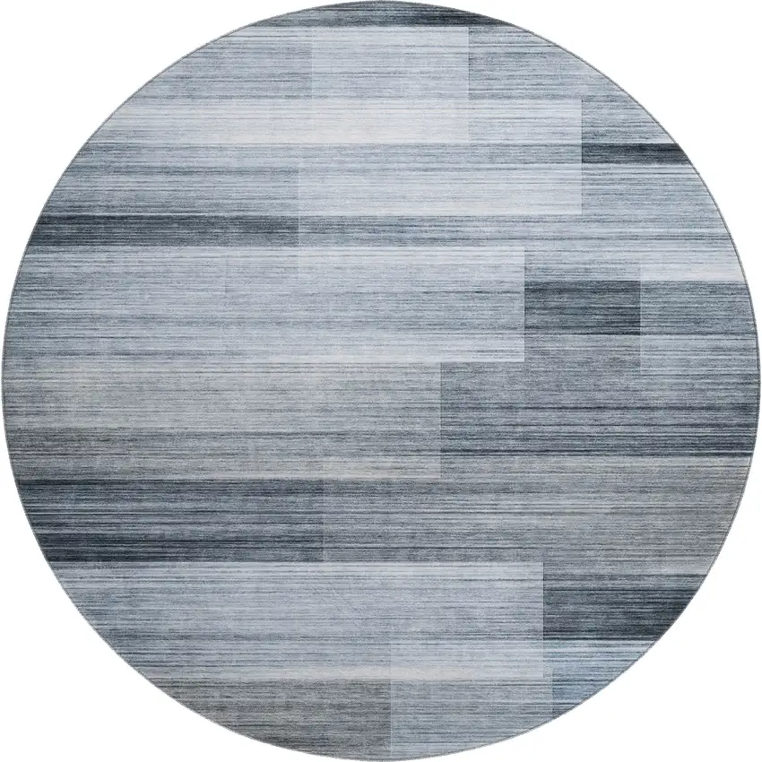 8' Denim Blue And Ivory Striped Washable Round Rug With UV Protection Photo 1