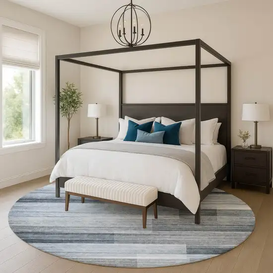 8' Denim Blue And Ivory Striped Washable Round Rug With UV Protection Photo 5