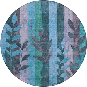 Photo of 8' Denim Blue And Lavender Round Floral Washable Indoor Outdoor Area Rug