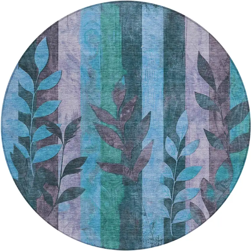 8' Denim Blue And Lavender Round Floral Washable Indoor Outdoor Area Rug Photo 1