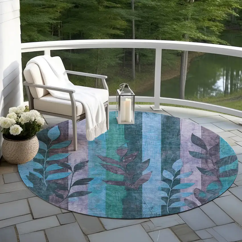 8' Denim Blue And Lavender Round Floral Washable Indoor Outdoor Area Rug Photo 5