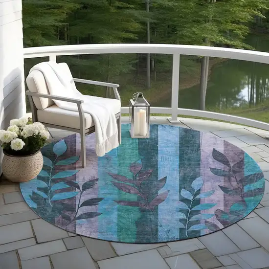8' Denim Blue And Lavender Round Floral Washable Indoor Outdoor Area Rug Photo 5