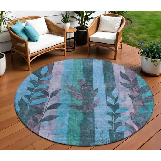 8' Denim Blue And Lavender Round Floral Washable Indoor Outdoor Area Rug Photo 2