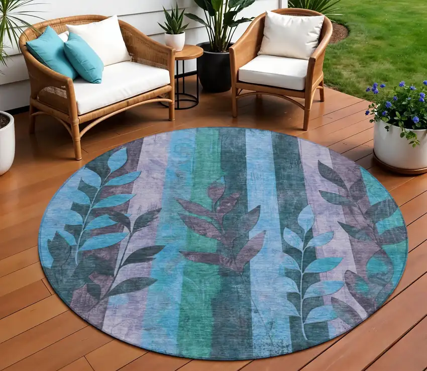 8' Denim Blue And Lavender Round Floral Washable Indoor Outdoor Area Rug Photo 2