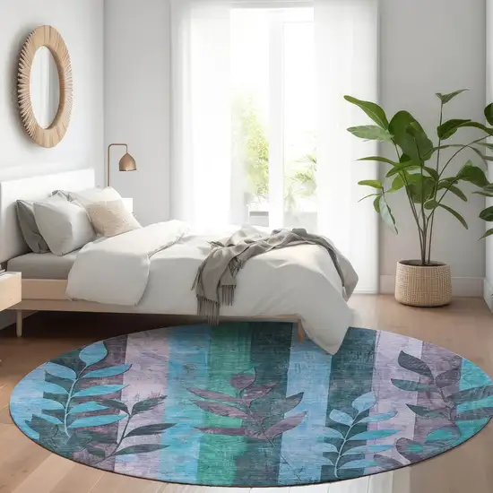 8' Denim Blue And Lavender Round Floral Washable Indoor Outdoor Area Rug Photo 6