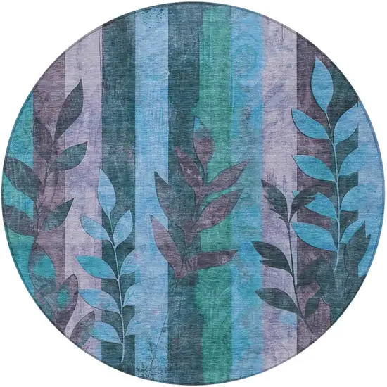 8' Denim Blue And Lavender Round Floral Washable Indoor Outdoor Area Rug Photo 3