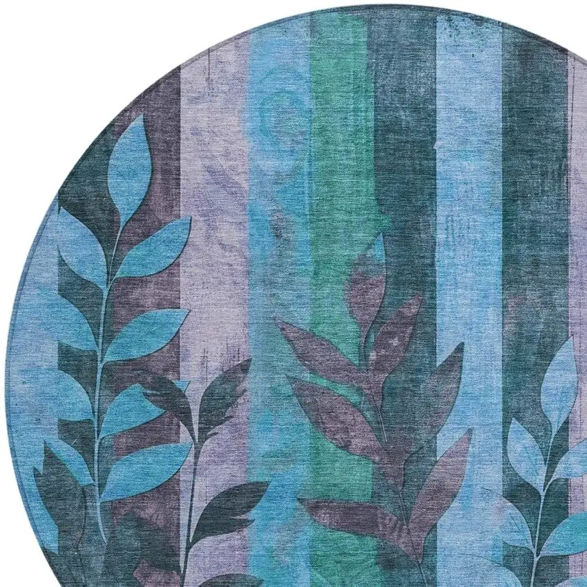 8' Denim Blue And Lavender Round Floral Washable Indoor Outdoor Area Rug Photo 4