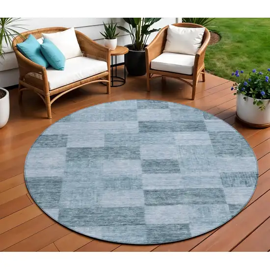 8' Denim Blue And Light Blue Round Geometric Washable Indoor Outdoor Area Rug Photo 1