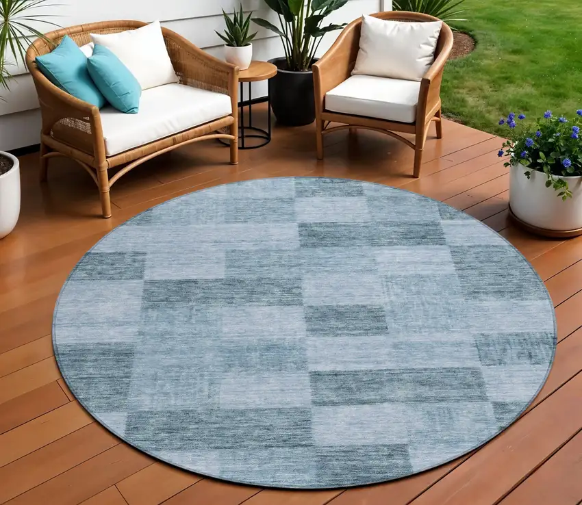8' Denim Blue And Light Blue Round Geometric Washable Indoor Outdoor Area Rug Photo 1