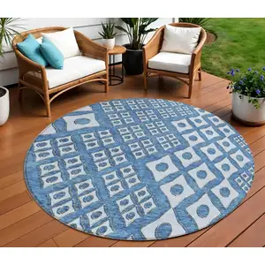 Photo of 8' Denim Blue And Light Blue Round Geometric Washable Indoor Outdoor Area Rug