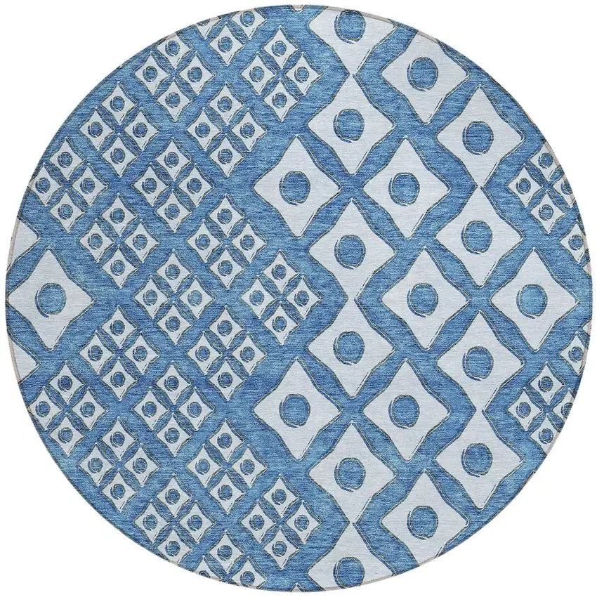 8' Denim Blue And Light Blue Round Geometric Washable Indoor Outdoor Area Rug Photo 6