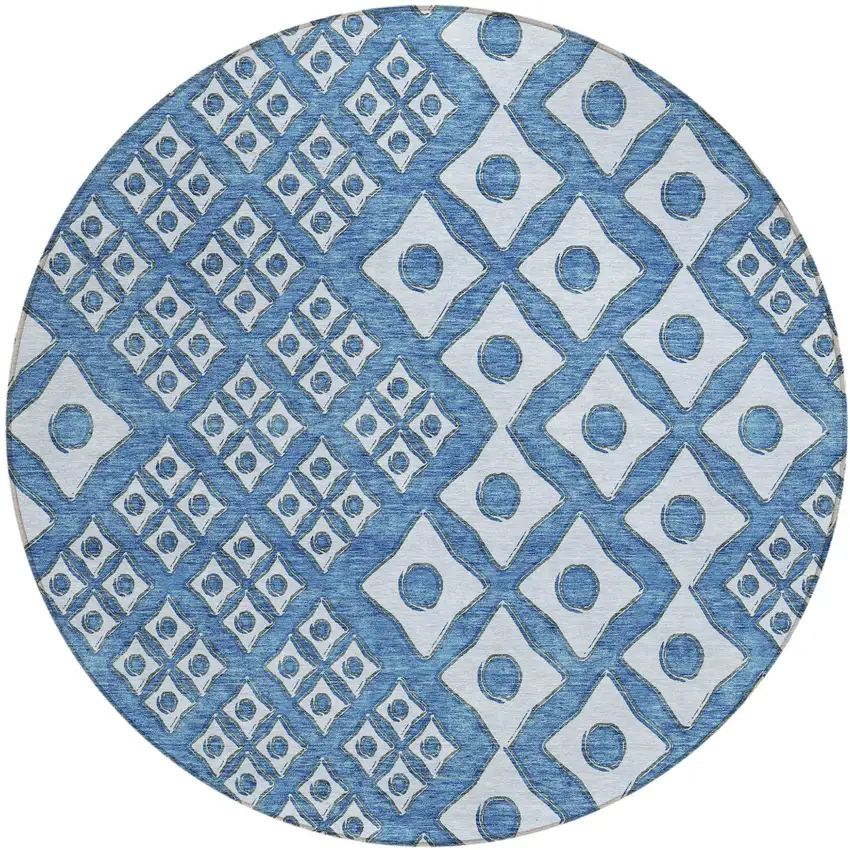8' Denim Blue And Light Blue Round Geometric Washable Indoor Outdoor Area Rug Photo 2