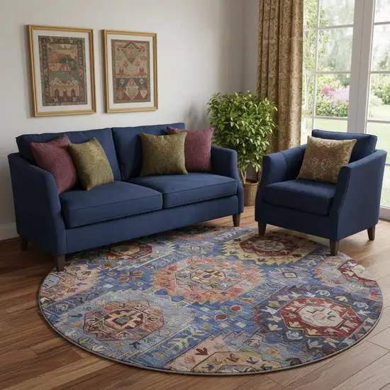 8' Denim Blue And Merlot Medallion Washable Round Rug With UV Protection Photo 2