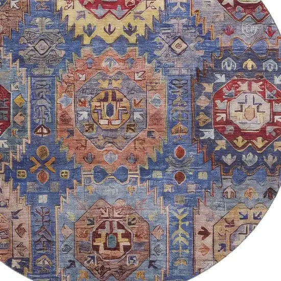 8' Denim Blue And Merlot Medallion Washable Round Rug With UV Protection Photo 3