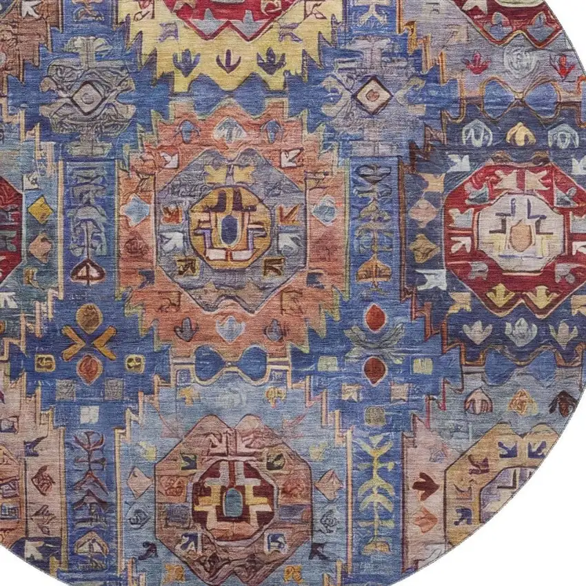 8' Denim Blue And Merlot Medallion Washable Round Rug With UV Protection Photo 3