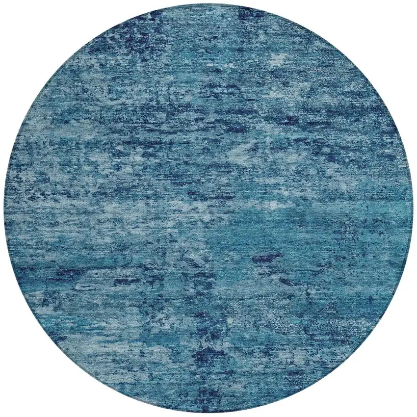 8' Denim Blue And Navy Blue Round Abstract Washable Indoor Outdoor Area Rug Photo 3