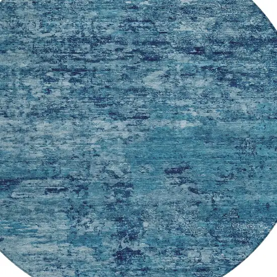 8' Denim Blue And Navy Blue Round Abstract Washable Indoor Outdoor Area Rug Photo 8