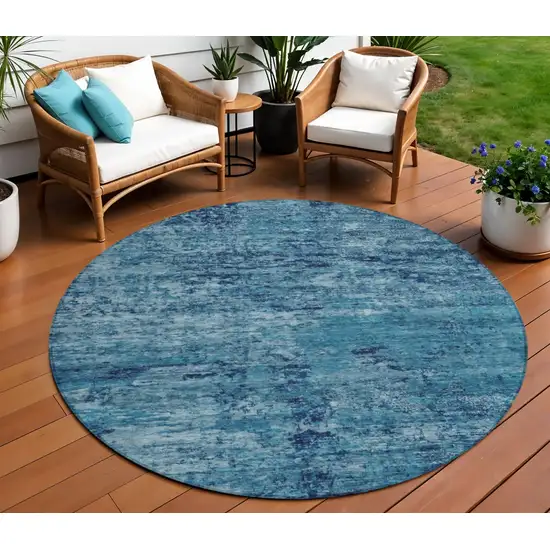 8' Denim Blue And Navy Blue Round Abstract Washable Indoor Outdoor Area Rug Photo 2