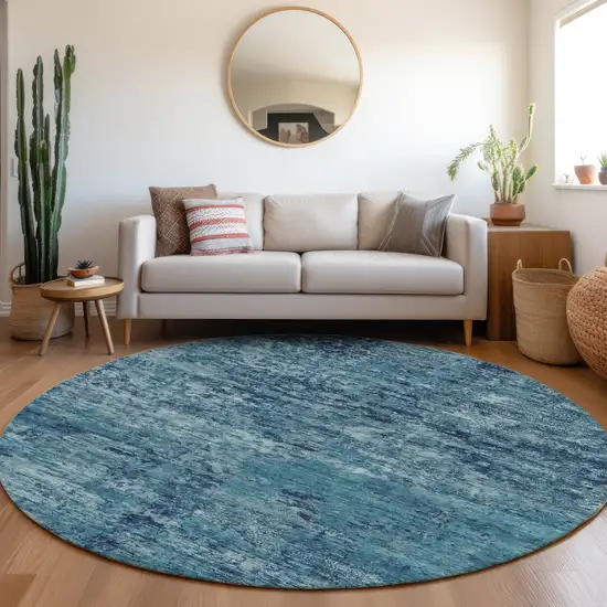 8' Denim Blue And Navy Blue Round Abstract Washable Indoor Outdoor Area Rug Photo 6