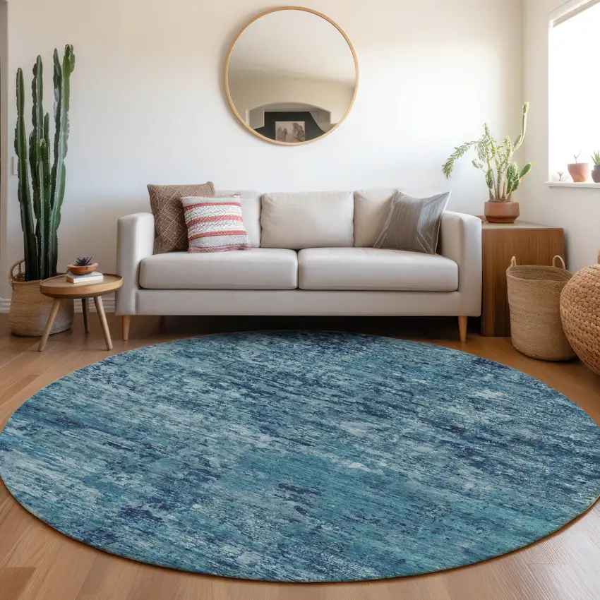 8' Denim Blue And Navy Blue Round Abstract Washable Indoor Outdoor Area Rug Photo 6