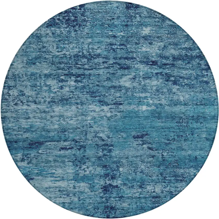 8' Denim Blue And Navy Blue Round Abstract Washable Indoor Outdoor Area Rug Photo 1
