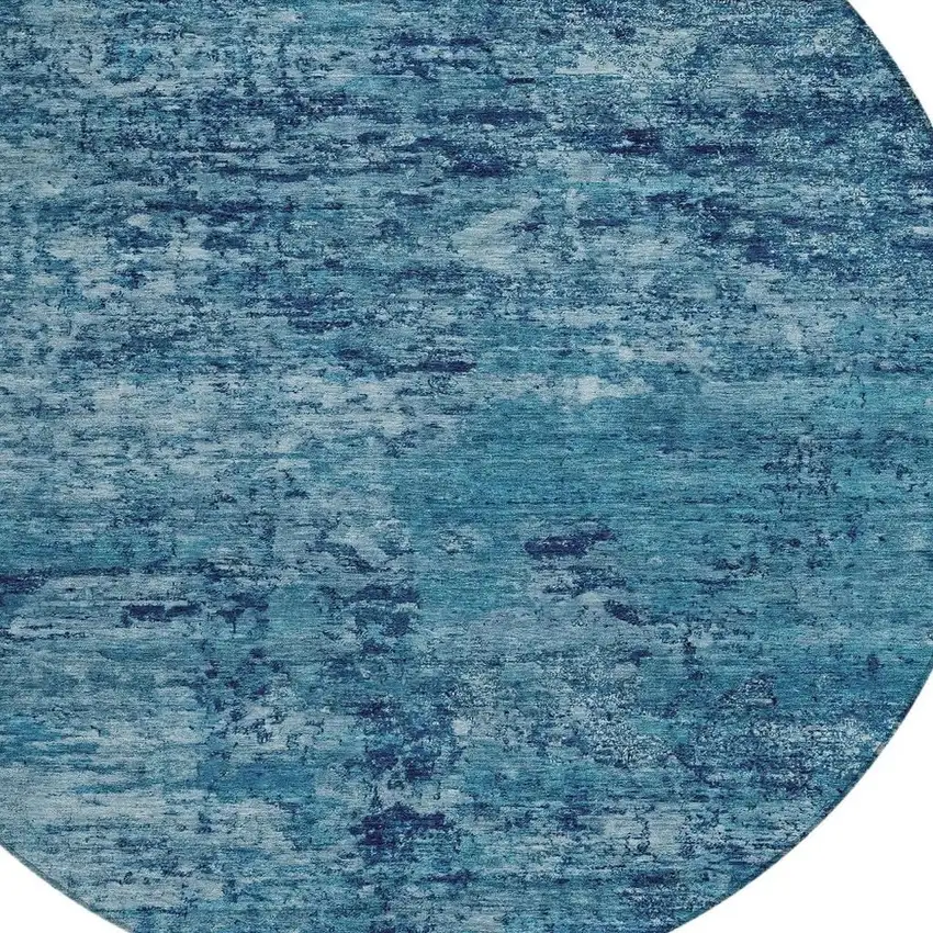 8' Denim Blue And Navy Blue Round Abstract Washable Indoor Outdoor Area Rug Photo 4