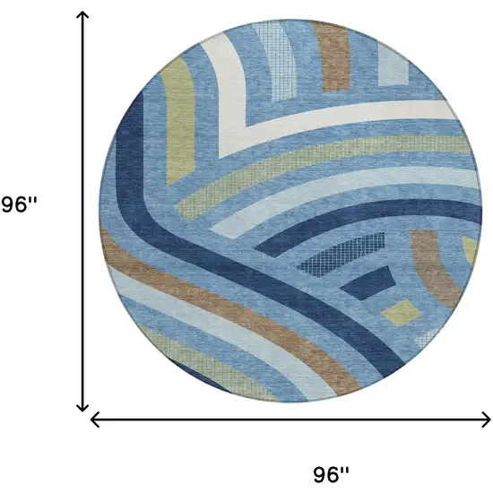 8' Denim Blue And Navy Blue Round Abstract Washable Indoor Outdoor Area Rug Photo 8