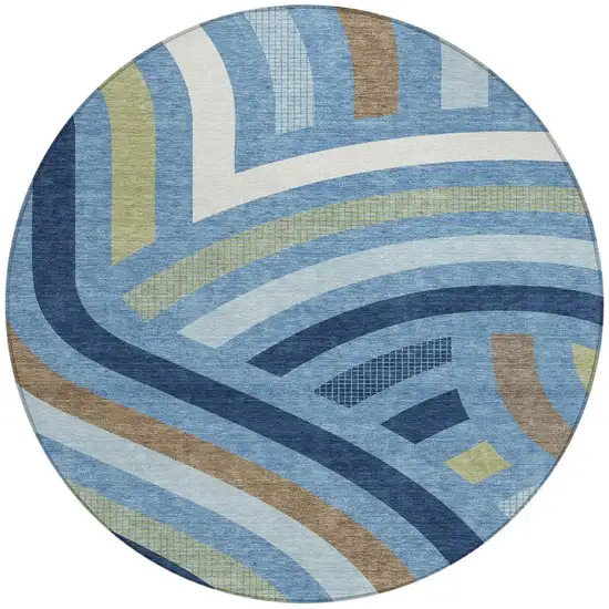 8' Denim Blue And Navy Blue Round Abstract Washable Indoor Outdoor Area Rug Photo 3