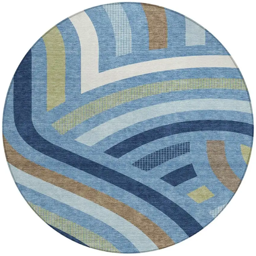 8' Denim Blue And Navy Blue Round Abstract Washable Indoor Outdoor Area Rug Photo 3