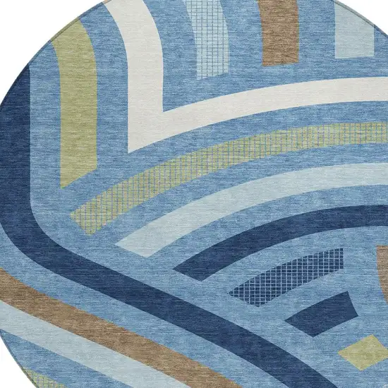 8' Denim Blue And Navy Blue Round Abstract Washable Indoor Outdoor Area Rug Photo 2