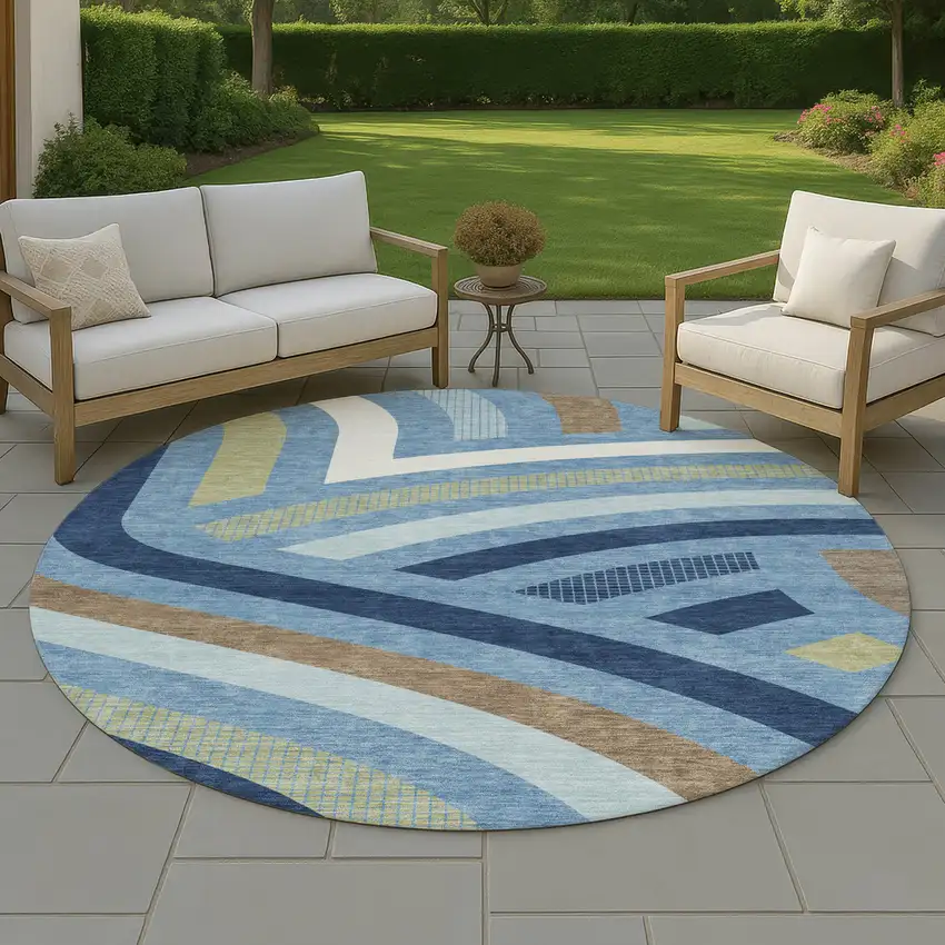 8' Denim Blue And Navy Blue Round Abstract Washable Indoor Outdoor Area Rug Photo 4