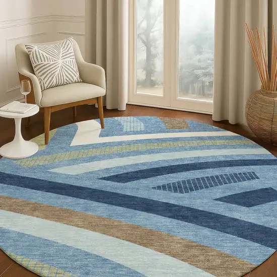 8' Denim Blue And Navy Blue Round Abstract Washable Indoor Outdoor Area Rug Photo 5