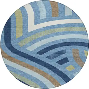 Photo of 8' Denim Blue And Navy Blue Round Abstract Washable Indoor Outdoor Area Rug
