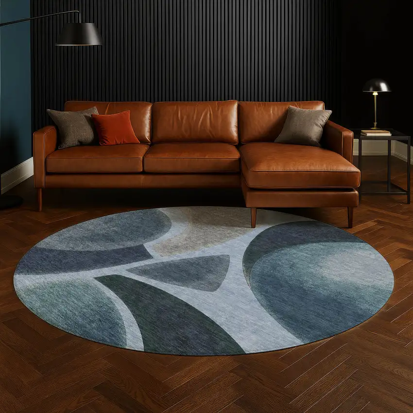 8' Denim Blue And Navy Blue Round Abstract Washable Indoor Outdoor Area Rug Photo 5