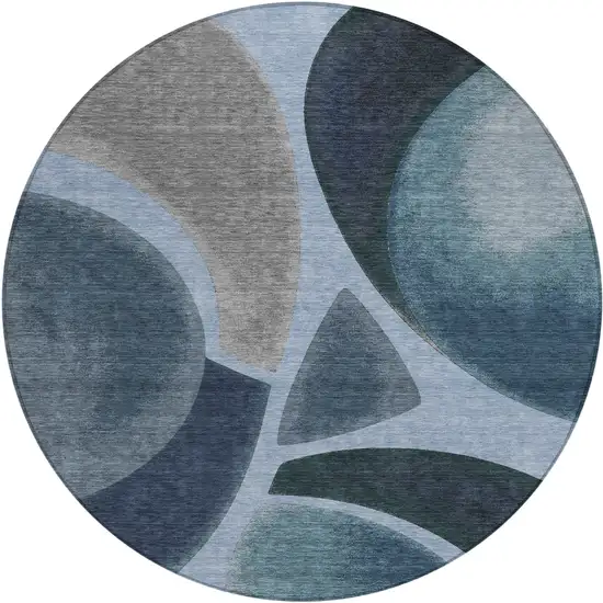 8' Denim Blue And Navy Blue Round Abstract Washable Indoor Outdoor Area Rug Photo 1