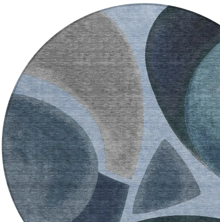 8' Denim Blue And Navy Blue Round Abstract Washable Indoor Outdoor Area Rug Photo 2