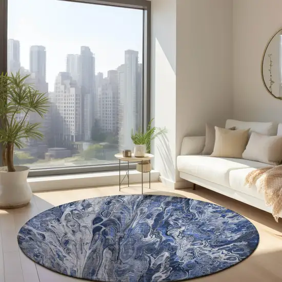 8' Denim Blue And Navy Blue Round Abstract Washable Indoor Outdoor Area Rug Photo 6