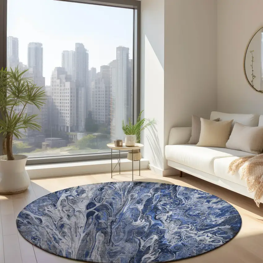 8' Denim Blue And Navy Blue Round Abstract Washable Indoor Outdoor Area Rug Photo 6