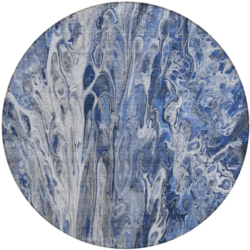 8' Denim Blue And Navy Blue Round Abstract Washable Indoor Outdoor Area Rug Photo 2