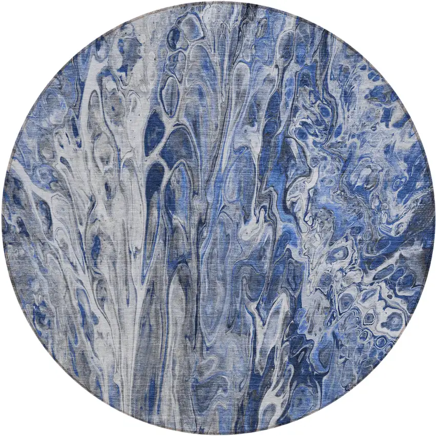 8' Denim Blue And Navy Blue Round Abstract Washable Indoor Outdoor Area Rug Photo 2
