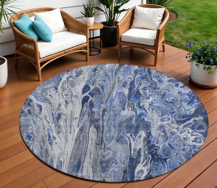8' Denim Blue And Navy Blue Round Abstract Washable Indoor Outdoor Area Rug Photo 1