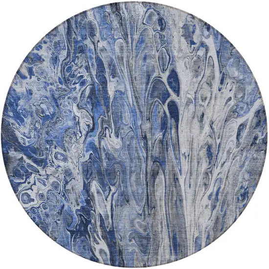 8' Denim Blue And Navy Blue Round Abstract Washable Indoor Outdoor Area Rug Photo 4