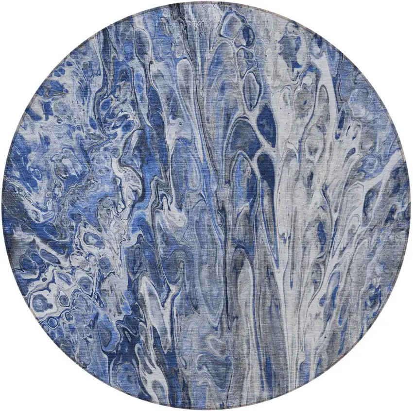 8' Denim Blue And Navy Blue Round Abstract Washable Indoor Outdoor Area Rug Photo 4