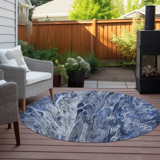 8' Denim Blue And Navy Blue Round Abstract Washable Indoor Outdoor Area Rug Photo 5