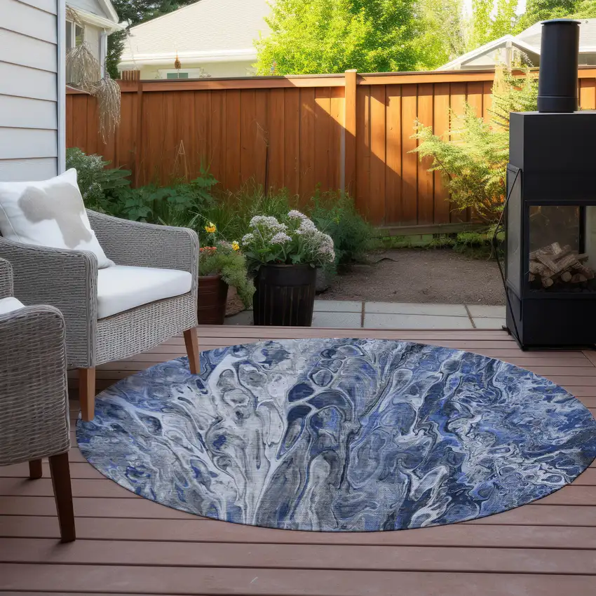 8' Denim Blue And Navy Blue Round Abstract Washable Indoor Outdoor Area Rug Photo 5