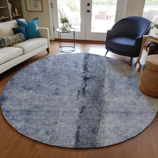 8' Denim Blue And Navy Blue Round Abstract Washable Indoor Outdoor Area Rug Photo 6