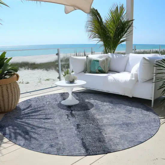 8' Denim Blue And Navy Blue Round Abstract Washable Indoor Outdoor Area Rug Photo 5